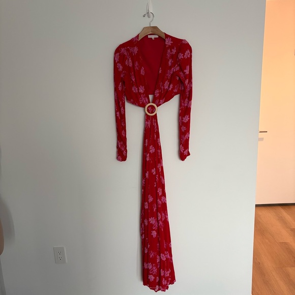 WAYF Womens Maxi Dress Size XS Red Pink Floral Long Sleeve Cutout Deep V - Picture 4 of 10